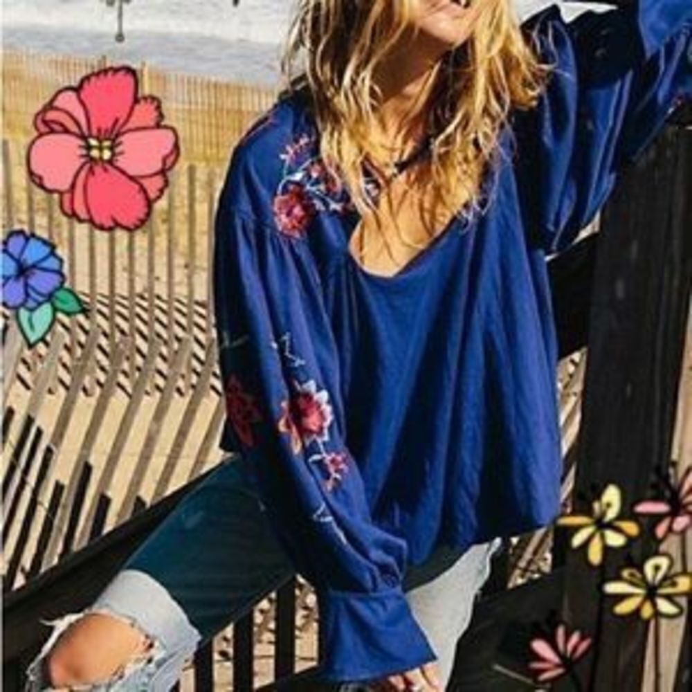 Free People Embroidered Balloon Sleeve Lita Boho Blouse Pullover Small - Picture 3 of 16